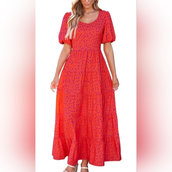 PrettyGarden Dresses & Skirts - PRETTYGARDEN Puff Short Sleeve Cewneck Floral Long NWT